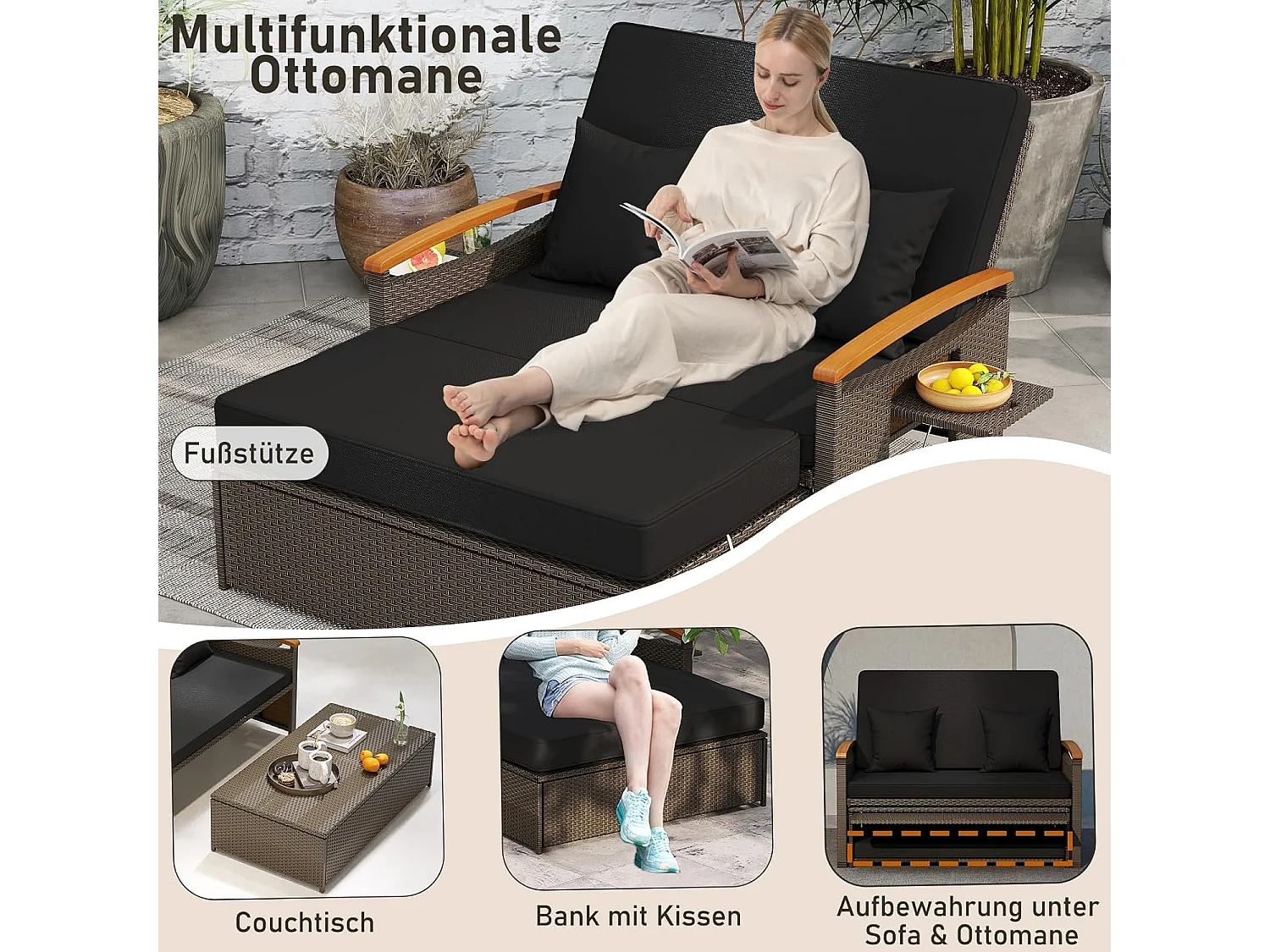 Rotan Lounge Bank, loungemeubel,tuinbank met ligfunctie, 2-zits tuinlounge met kussens en zijplanken, polyrotan tuinmeubelen, balkonmeubels,klein balkonTI93849