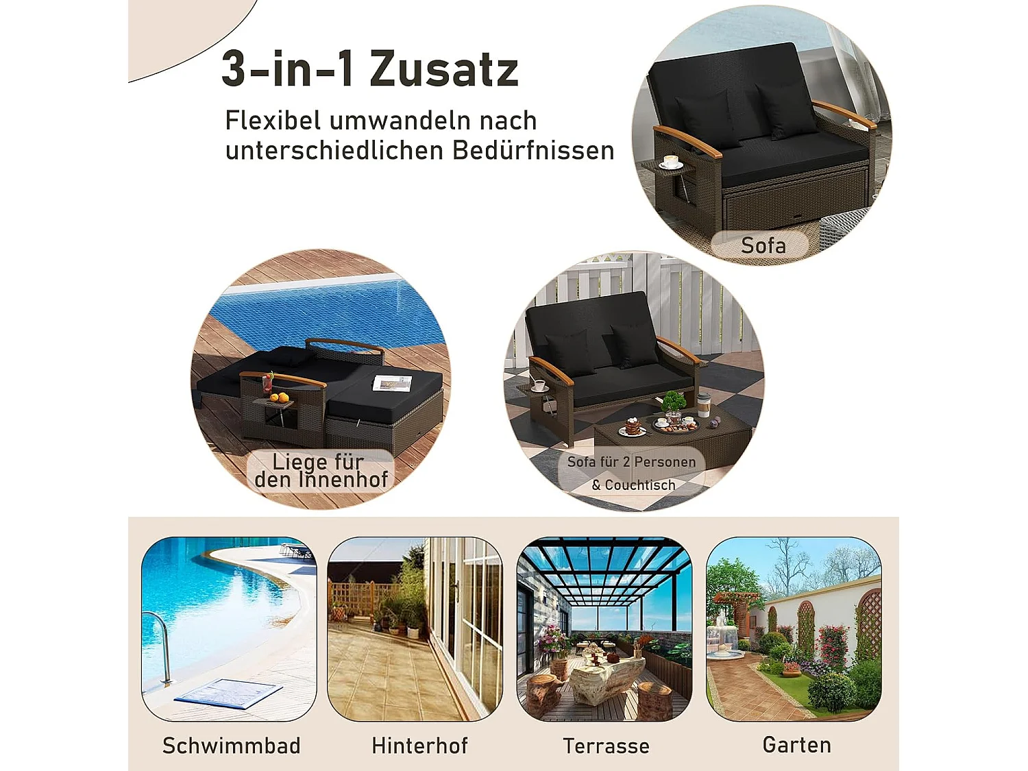Rotan Lounge Bank, loungemeubel,tuinbank met ligfunctie, 2-zits tuinlounge met kussens en zijplanken, polyrotan tuinmeubelen, balkonmeubels,klein balkonTI93849