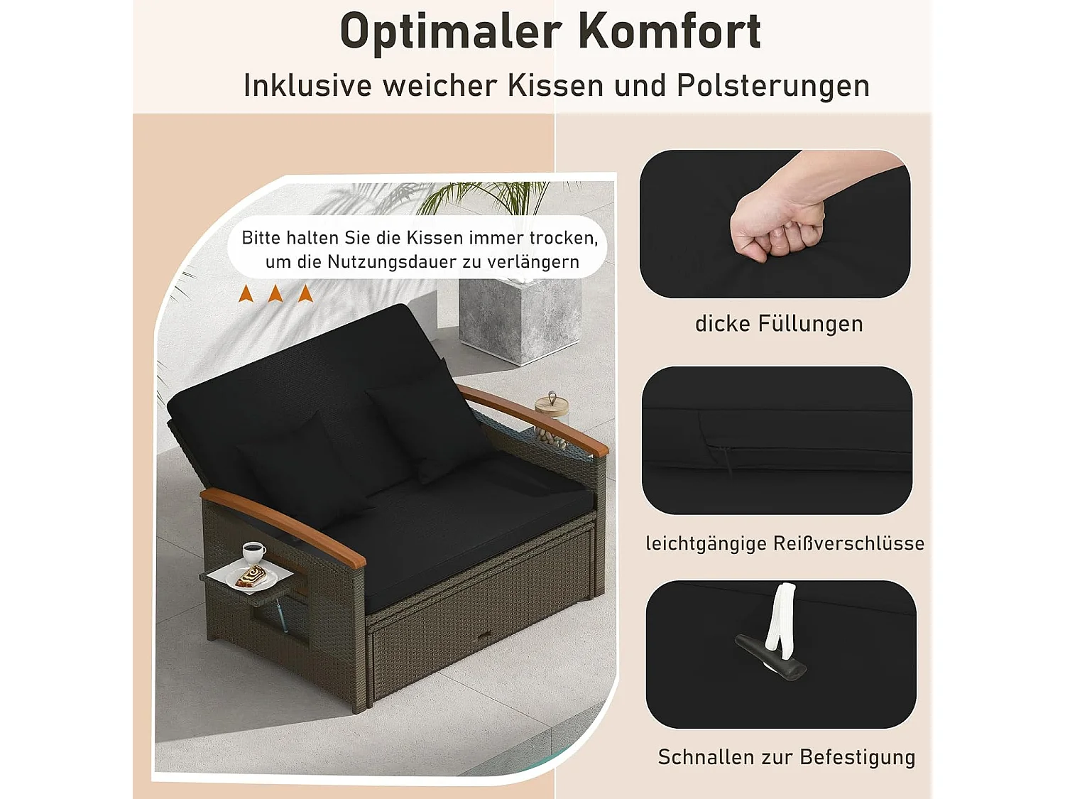 Rotan Lounge Bank, loungemeubel,tuinbank met ligfunctie, 2-zits tuinlounge met kussens en zijplanken, polyrotan tuinmeubelen, balkonmeubels,klein balkonTI93849