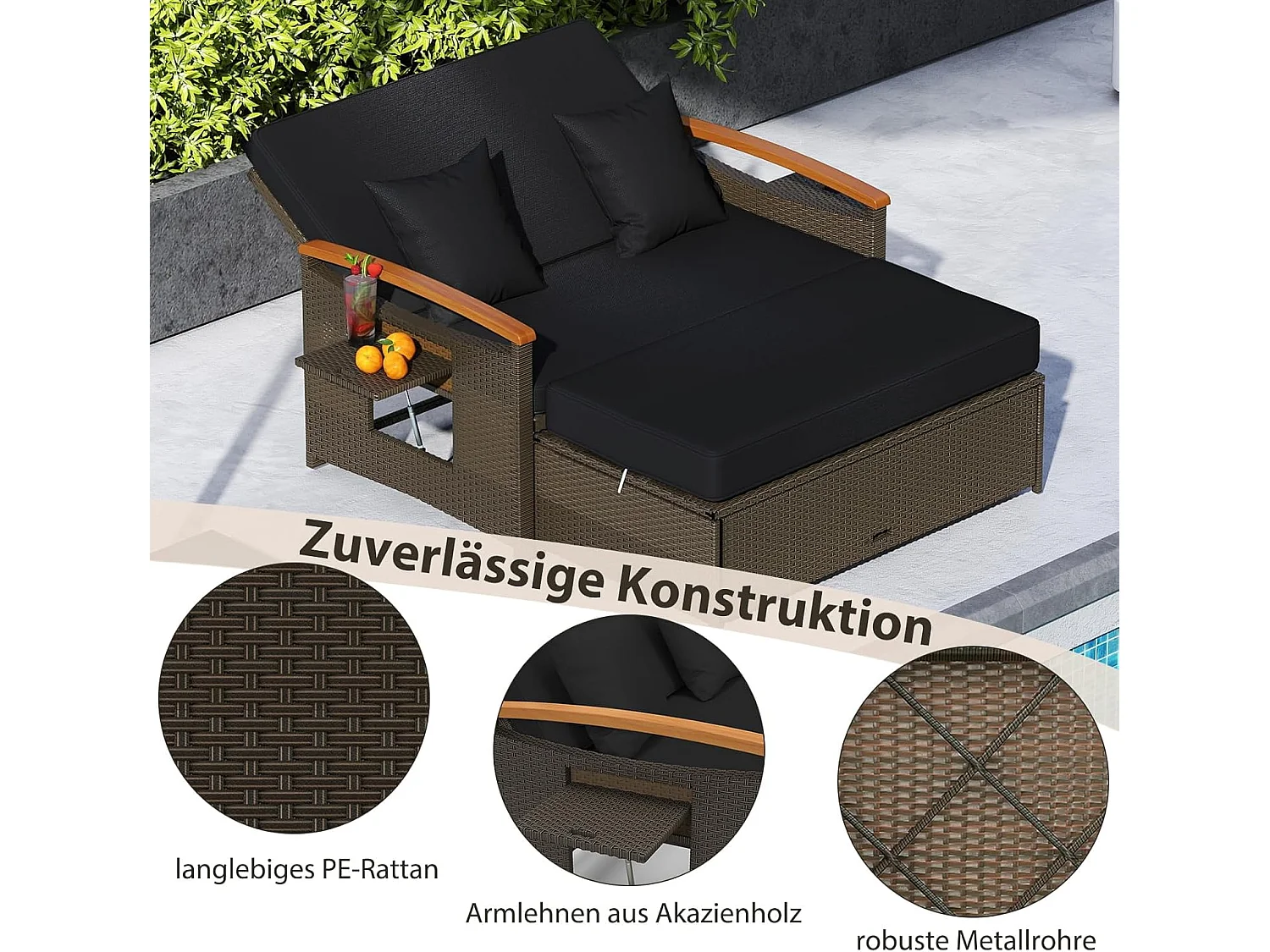 Rotan Lounge Bank, loungemeubel,tuinbank met ligfunctie, 2-zits tuinlounge met kussens en zijplanken, polyrotan tuinmeubelen, balkonmeubels,klein balkonTI93849