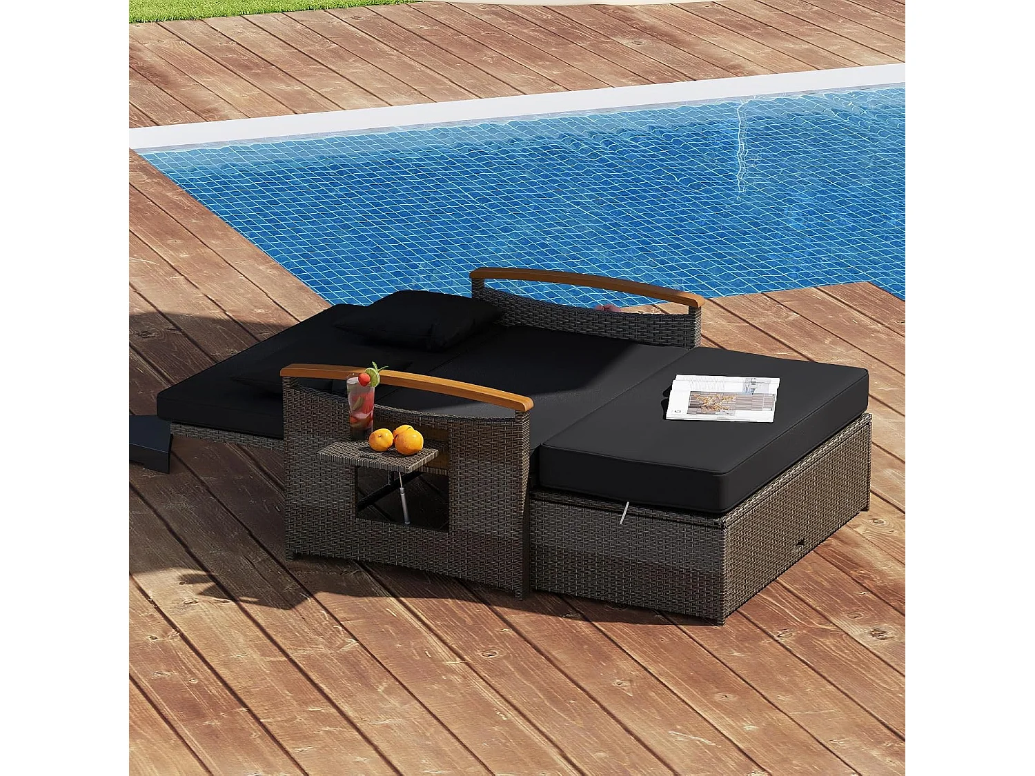 Rotan Lounge Bank, loungemeubel,tuinbank met ligfunctie, 2-zits tuinlounge met kussens en zijplanken, polyrotan tuinmeubelen, balkonmeubels,klein balkonTI93849