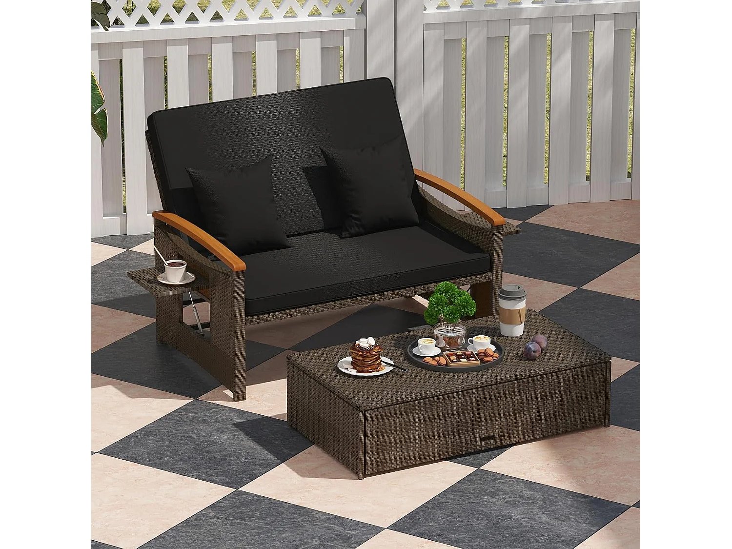 Rotan Lounge Bank, loungemeubel,tuinbank met ligfunctie, 2-zits tuinlounge met kussens en zijplanken, polyrotan tuinmeubelen, balkonmeubels,klein balkonTI93849