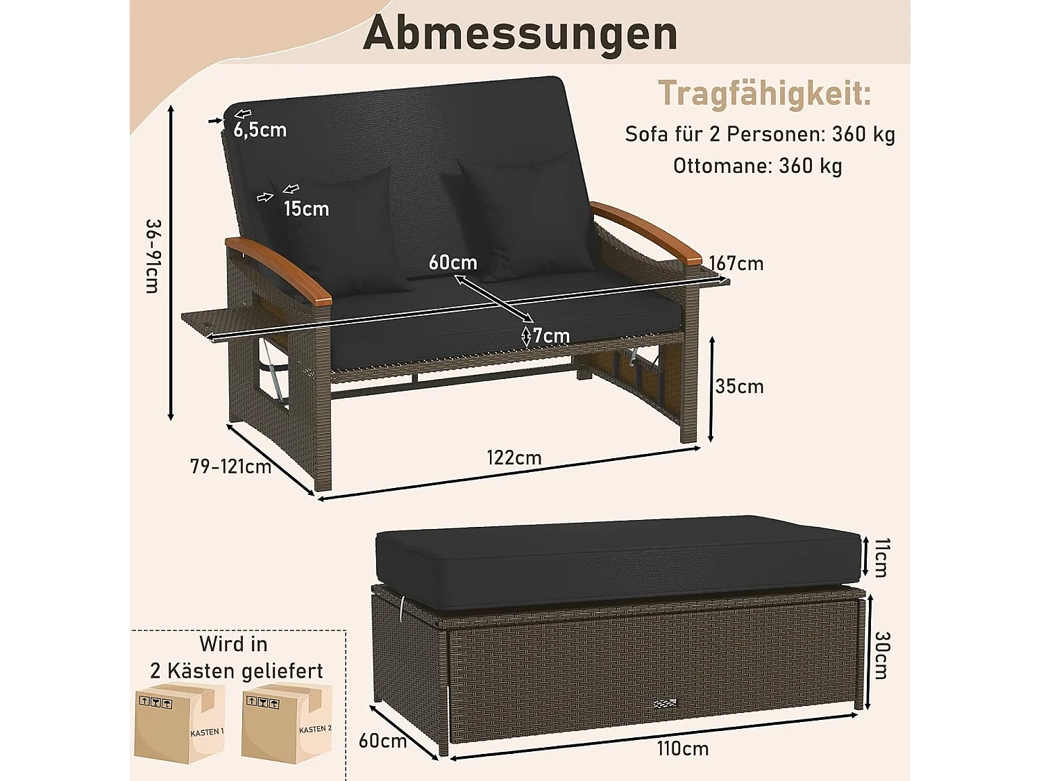 Rotan Lounge Bank, loungemeubel,tuinbank met ligfunctie, 2-zits tuinlounge met kussens en zijplanken, polyrotan tuinmeubelen, balkonmeubels,klein balkonTI93849
