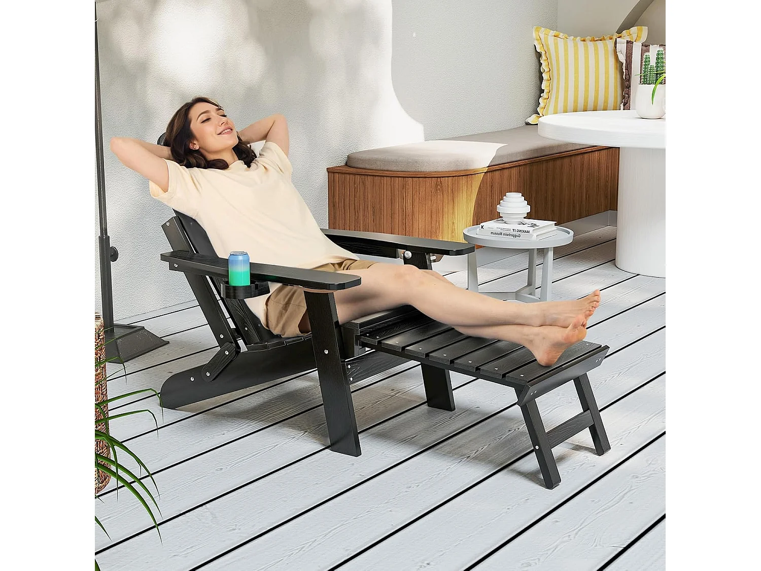 Inklapbare Adirondack stoel met voetensteun en verstelbare rugleuning,tuinstoel met bekerhouder voor tuin, terras, draagvermogen 180 kgZB34333