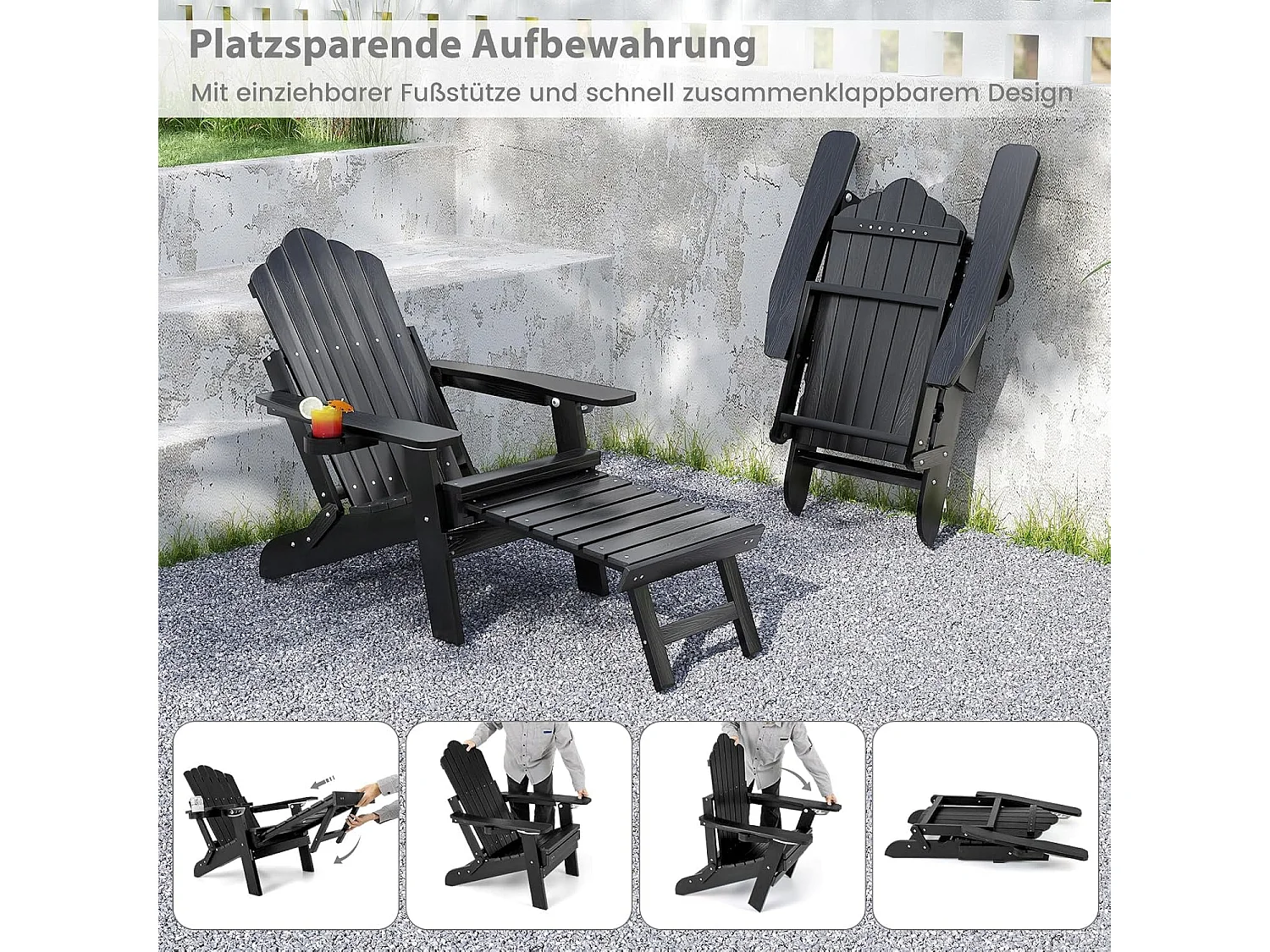 Inklapbare Adirondack stoel met voetensteun en verstelbare rugleuning,tuinstoel met bekerhouder voor tuin, terras, draagvermogen 180 kgZB34333