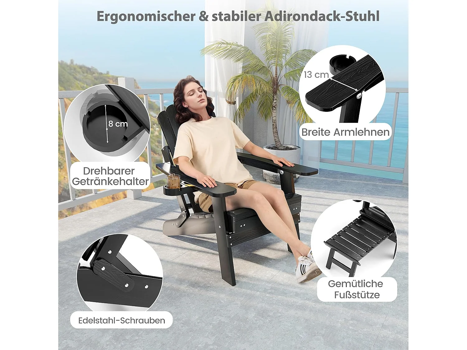 Inklapbare Adirondack stoel met voetensteun en verstelbare rugleuning,tuinstoel met bekerhouder voor tuin, terras, draagvermogen 180 kgZB34333