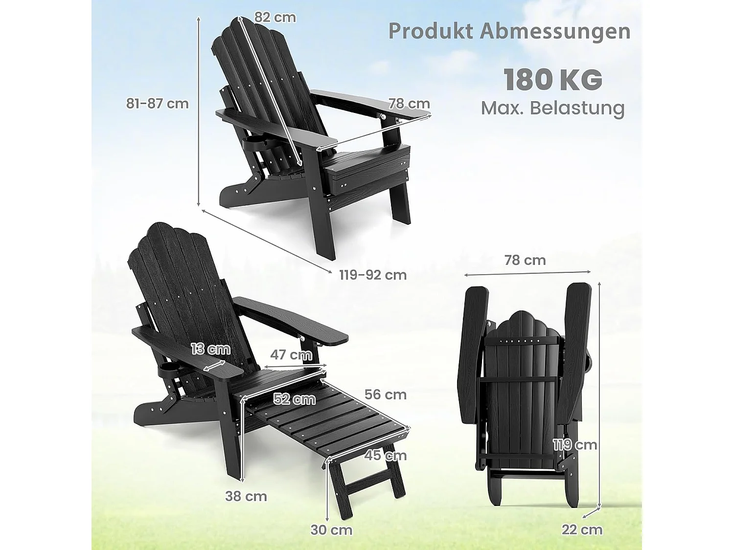 Inklapbare Adirondack stoel met voetensteun en verstelbare rugleuning,tuinstoel met bekerhouder voor tuin, terras, draagvermogen 180 kgZB34333