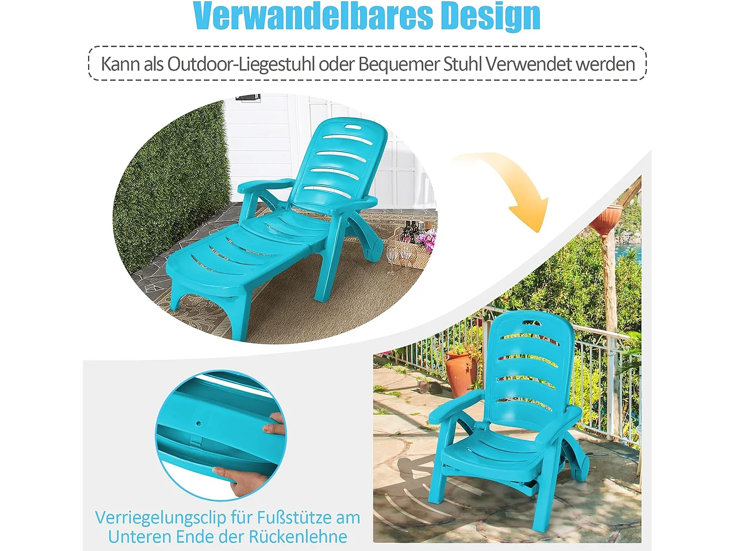 Zonneligstoel met wieltjes, ombouwbare tuinstoel, inklapbare ligstoel met 5-voudig verstelbare rugleuning, weerbestendige klapstoel voor terras, tuin ZB32031