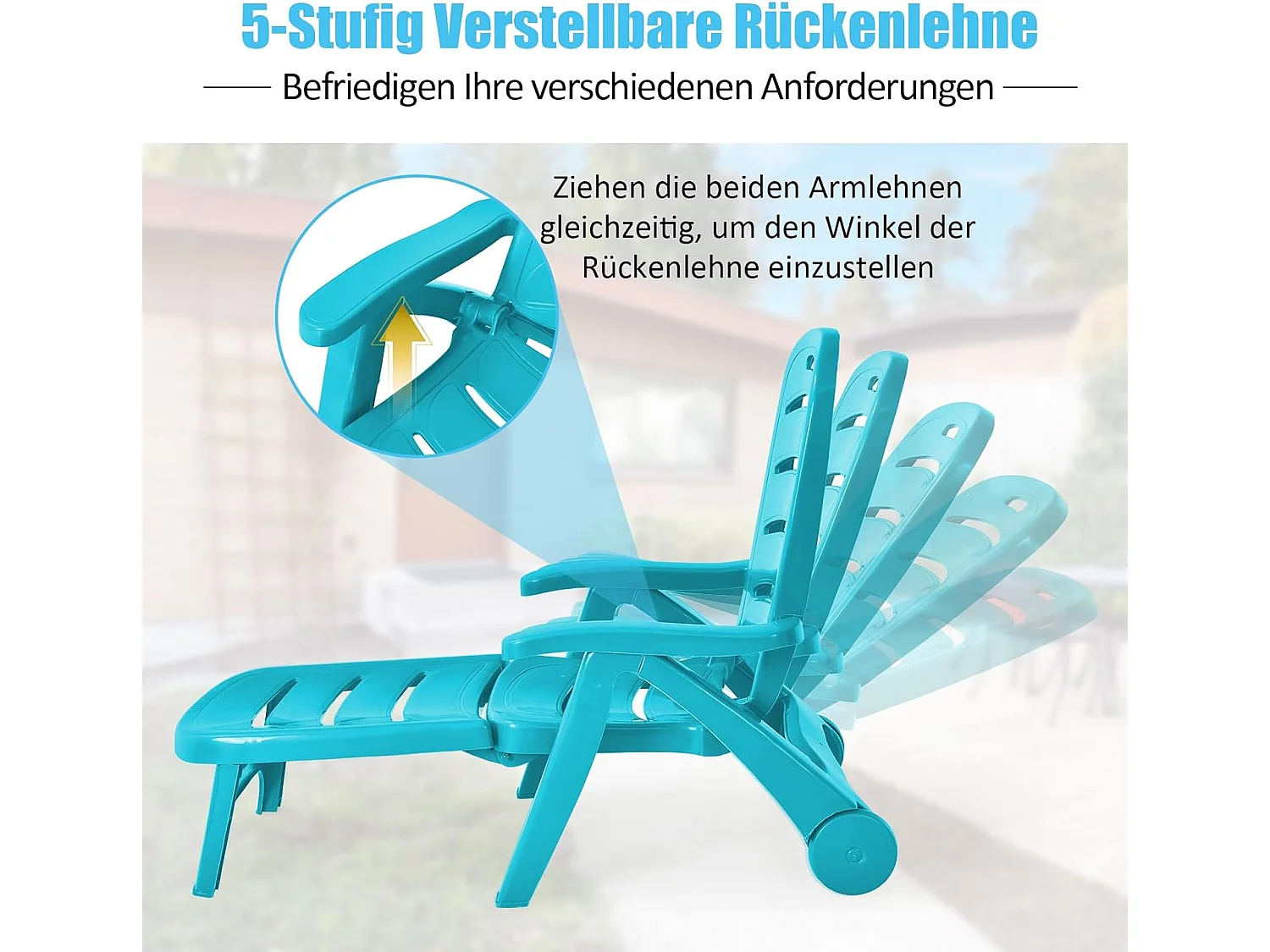 Zonneligstoel met wieltjes, ombouwbare tuinstoel, inklapbare ligstoel met 5-voudig verstelbare rugleuning, weerbestendige klapstoel voor terras, tuin ZB32031