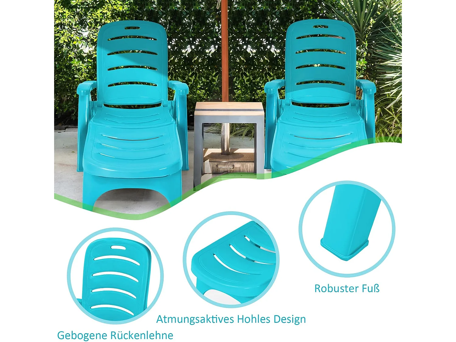 Zonneligstoel met wieltjes, ombouwbare tuinstoel, inklapbare ligstoel met 5-voudig verstelbare rugleuning, weerbestendige klapstoel voor terras, tuin ZB32031