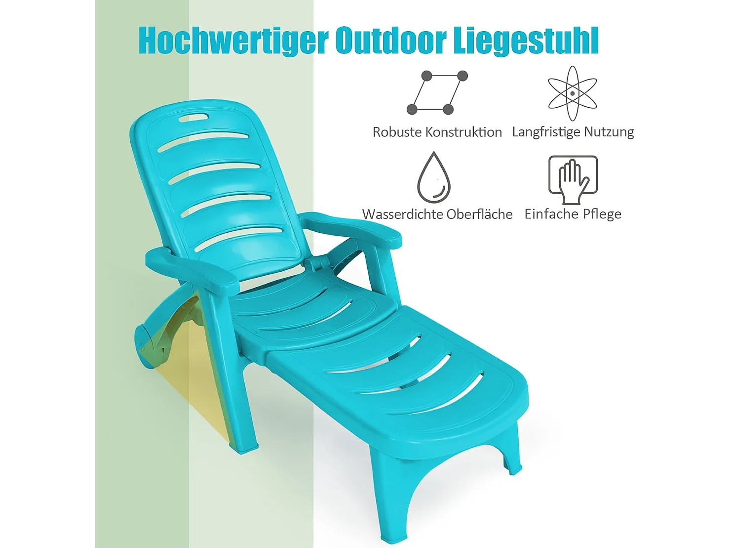 Zonneligstoel met wieltjes, ombouwbare tuinstoel, inklapbare ligstoel met 5-voudig verstelbare rugleuning, weerbestendige klapstoel voor terras, tuin ZB32031