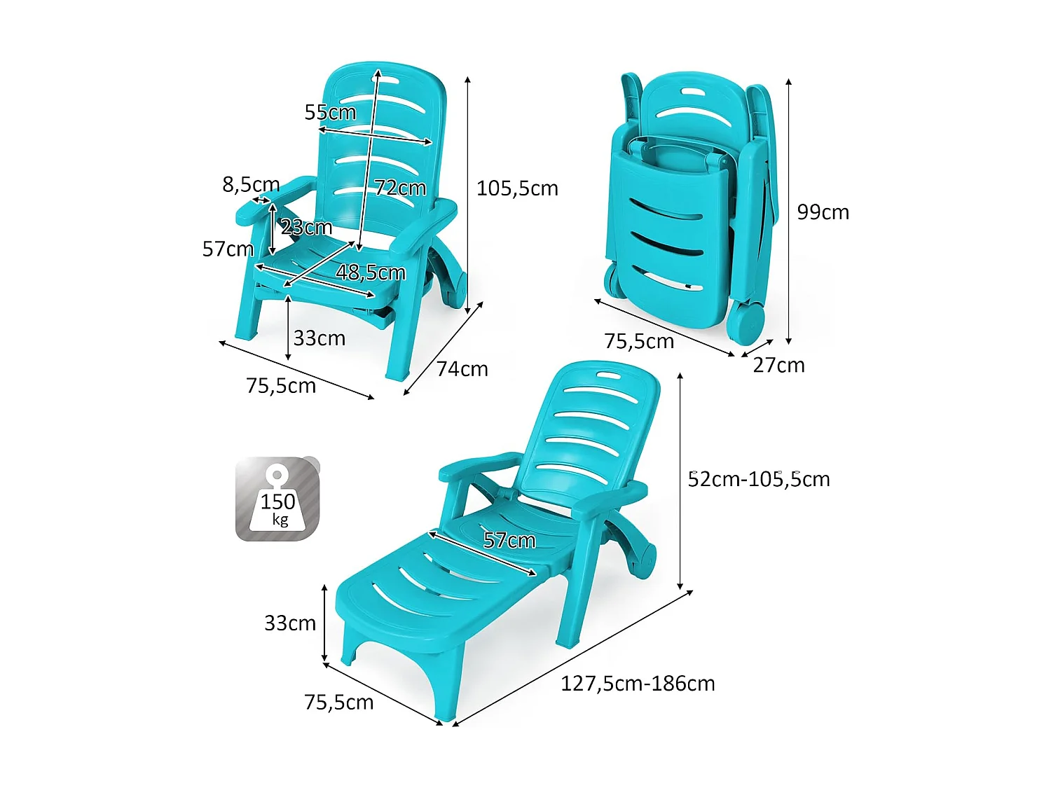 Zonneligstoel met wieltjes, ombouwbare tuinstoel, inklapbare ligstoel met 5-voudig verstelbare rugleuning, weerbestendige klapstoel voor terras, tuin ZB32031