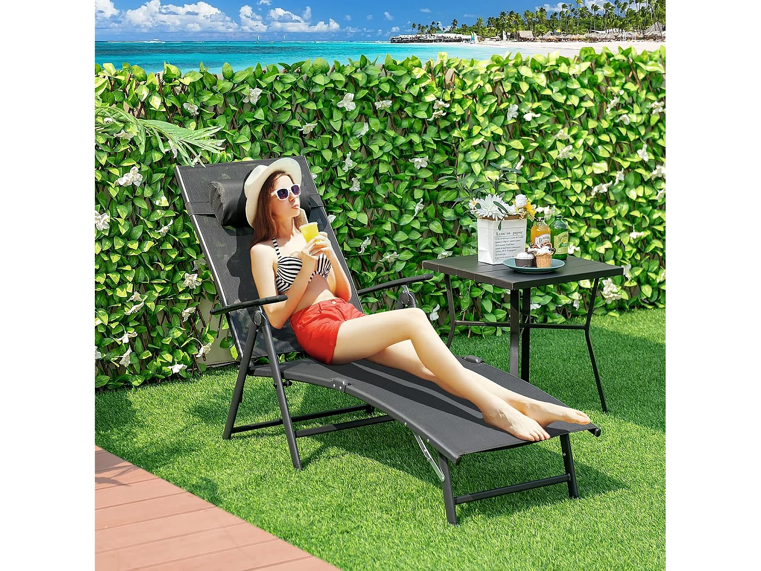 Ligstoel, inklapbaar, ligstoel met hoofdsteun, 7 verstelbare rugleuningen, inklapbare ligstoel, draagbare ligstoel voor tuin, achtertuin, balkon, zwartZB33350