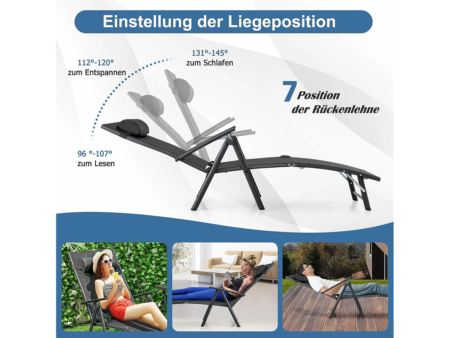 Ligstoel, inklapbaar, ligstoel met hoofdsteun, 7 verstelbare rugleuningen, inklapbare ligstoel, draagbare ligstoel voor tuin, achtertuin, balkon, zwartZB33350