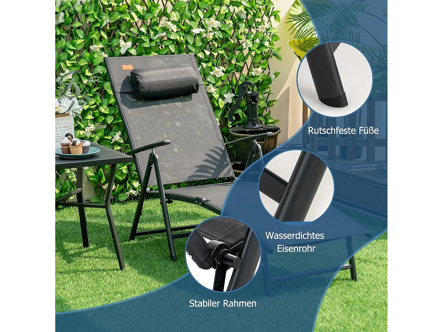 Ligstoel, inklapbaar, ligstoel met hoofdsteun, 7 verstelbare rugleuningen, inklapbare ligstoel, draagbare ligstoel voor tuin, achtertuin, balkon, zwartZB33350