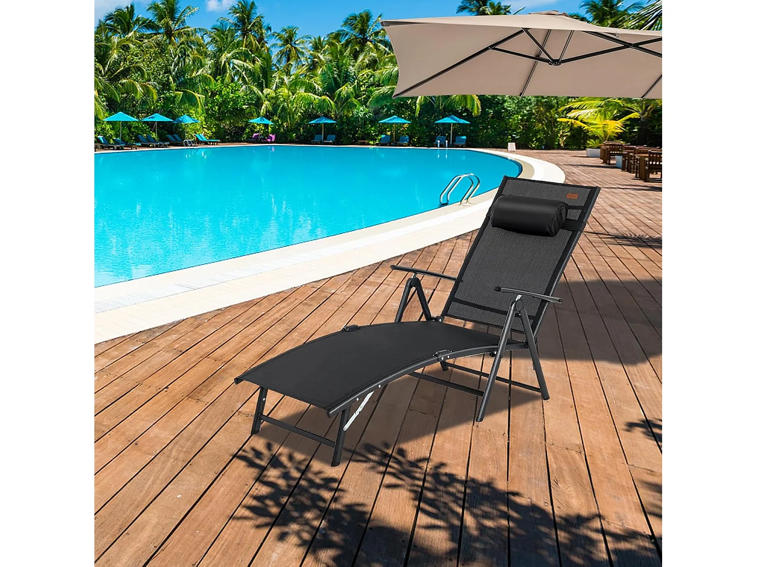 Ligstoel, inklapbaar, ligstoel met hoofdsteun, 7 verstelbare rugleuningen, inklapbare ligstoel, draagbare ligstoel voor tuin, achtertuin, balkon, zwartZB33350