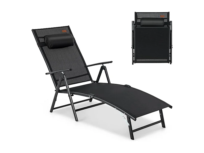 Ligstoel, inklapbaar, ligstoel met hoofdsteun, 7 verstelbare rugleuningen, inklapbare ligstoel, draagbare ligstoel voor tuin, achtertuin, balkon, zwartZB33350