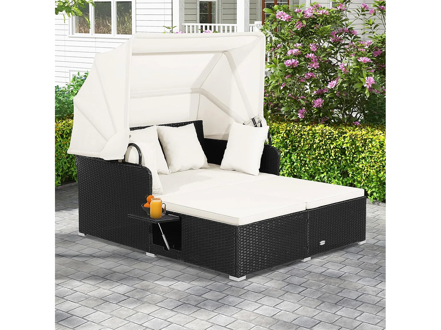 Zonneligstoel, rotan voor 2 personen, ligstoel met dak, kussen, uitklapbare zijtafels, zonne-eiland, dubbel ligbed, loungebed voor tuin, terrasTI94628