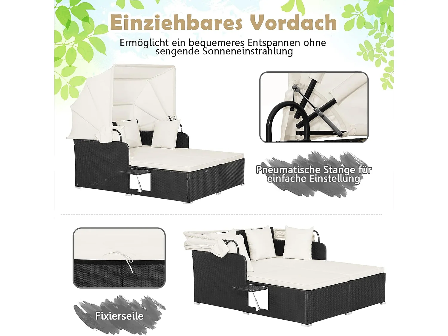 Zonneligstoel, rotan voor 2 personen, ligstoel met dak, kussen, uitklapbare zijtafels, zonne-eiland, dubbel ligbed, loungebed voor tuin, terrasTI94628