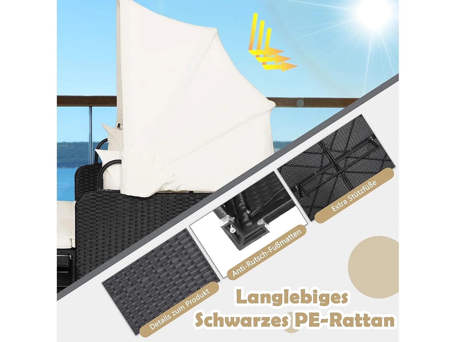 Zonneligstoel, rotan voor 2 personen, ligstoel met dak, kussen, uitklapbare zijtafels, zonne-eiland, dubbel ligbed, loungebed voor tuin, terrasTI94628