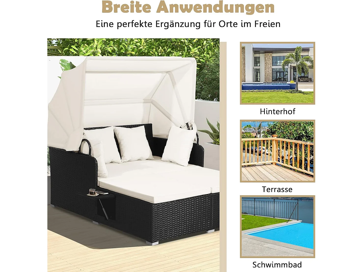 Zonneligstoel, rotan voor 2 personen, ligstoel met dak, kussen, uitklapbare zijtafels, zonne-eiland, dubbel ligbed, loungebed voor tuin, terrasTI94628