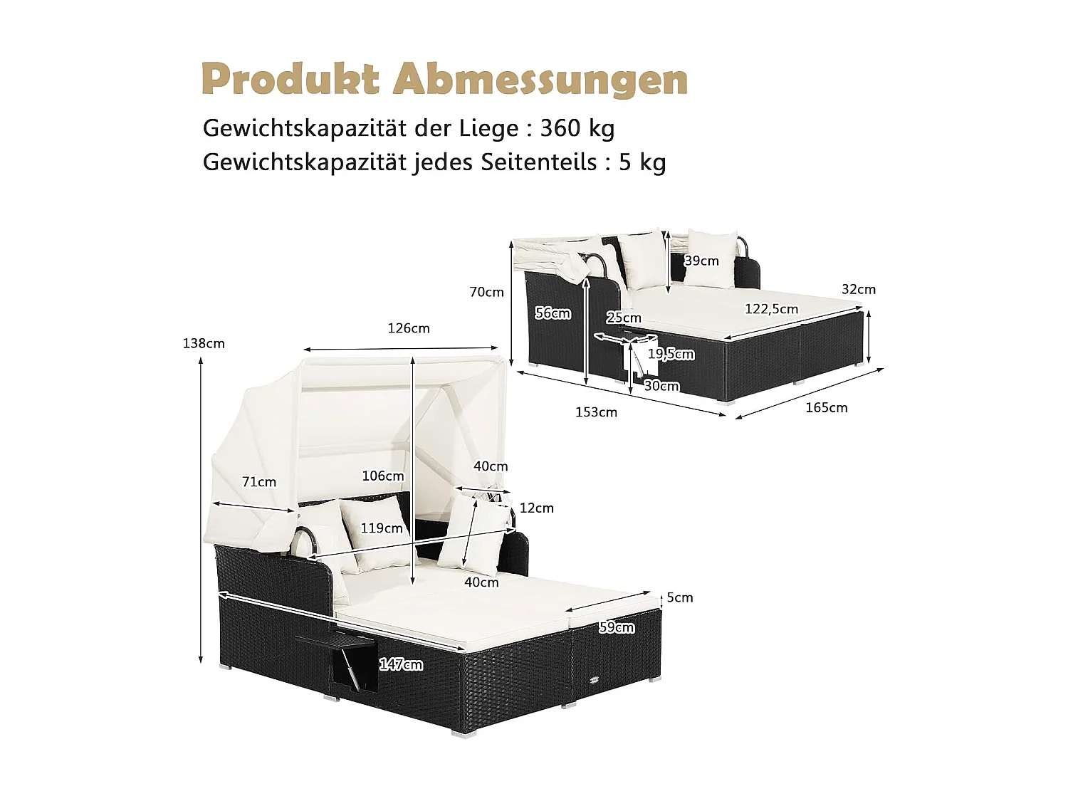 Zonneligstoel, rotan voor 2 personen, ligstoel met dak, kussen, uitklapbare zijtafels, zonne-eiland, dubbel ligbed, loungebed voor tuin, terrasTI94628
