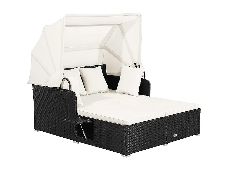 Zonneligstoel, rotan voor 2 personen, ligstoel met dak, kussen, uitklapbare zijtafels, zonne-eiland, dubbel ligbed, loungebed voor tuin, terrasTI94628