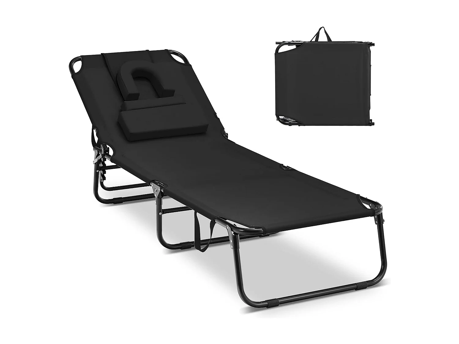 Zonneligstoel met gezichtsopening, inklapbare ligstoel met 3 afneembare kussens en 5-voudig verstelbare rugleuning, strandstoel, ligstoel zwartZB32169