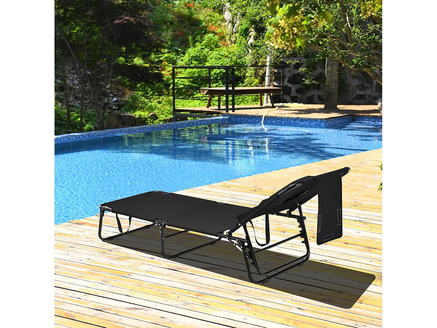 Zonneligstoel met gezichtsopening, inklapbare ligstoel met 3 afneembare kussens en 5-voudig verstelbare rugleuning, strandstoel, ligstoel zwartZB32169