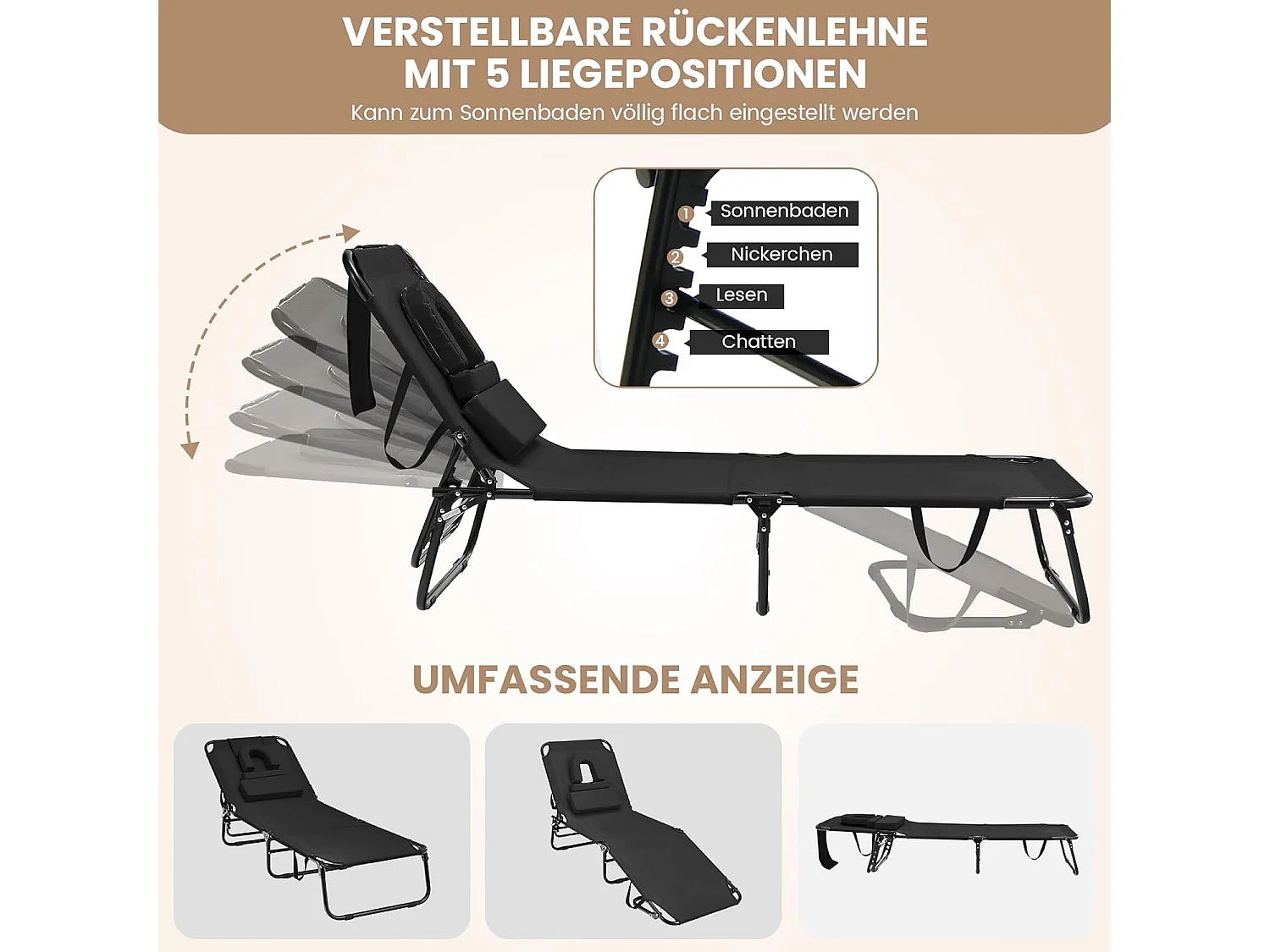 Zonneligstoel met gezichtsopening, inklapbare ligstoel met 3 afneembare kussens en 5-voudig verstelbare rugleuning, strandstoel, ligstoel zwartZB32169