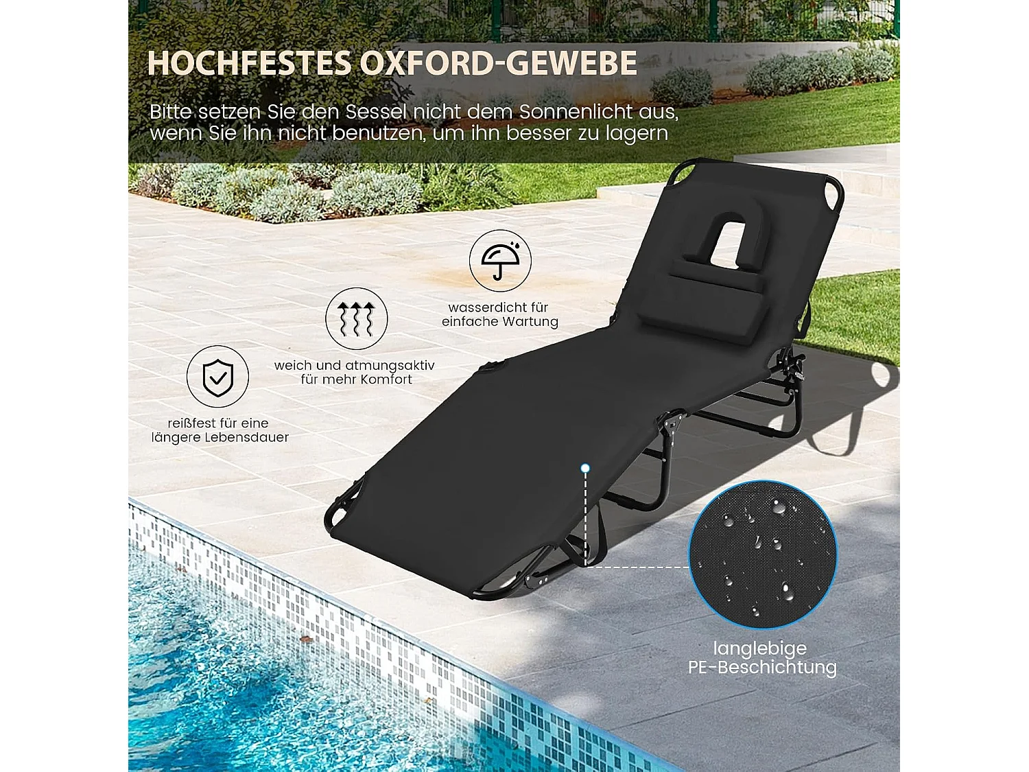 Zonneligstoel met gezichtsopening, inklapbare ligstoel met 3 afneembare kussens en 5-voudig verstelbare rugleuning, strandstoel, ligstoel zwartZB32169