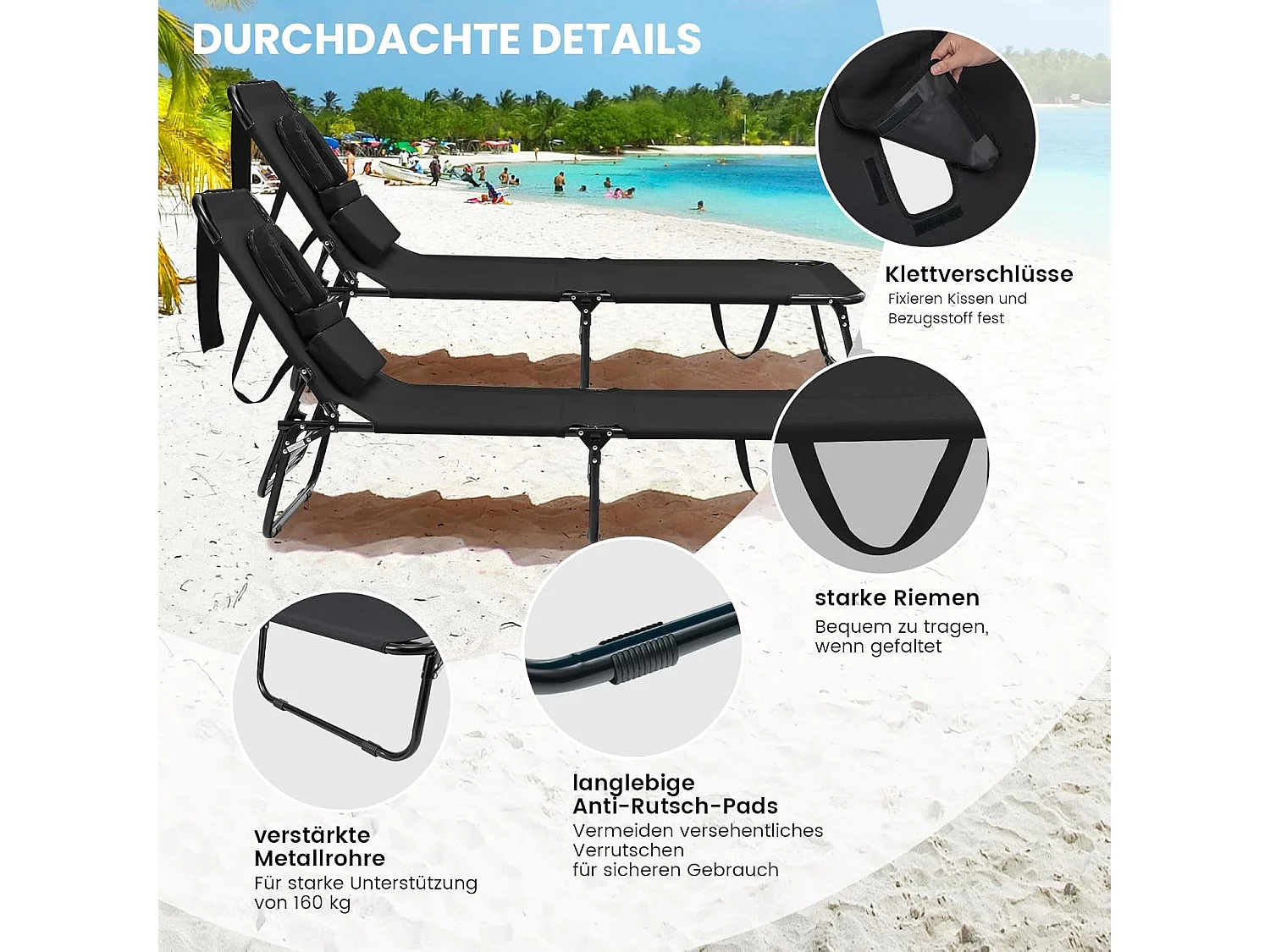 Zonneligstoel met gezichtsopening, inklapbare ligstoel met 3 afneembare kussens en 5-voudig verstelbare rugleuning, strandstoel, ligstoel zwartZB32169