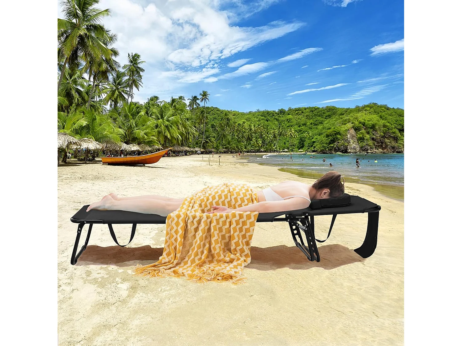 Zonneligstoel met gezichtsopening, inklapbare ligstoel met 3 afneembare kussens en 5-voudig verstelbare rugleuning, strandstoel, ligstoel zwartZB32169