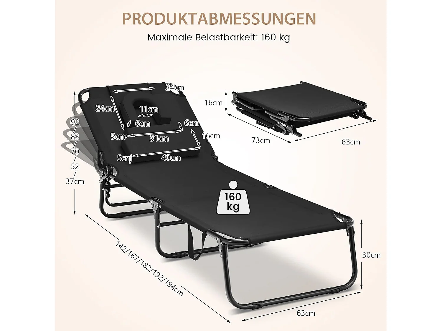 Zonneligstoel met gezichtsopening, inklapbare ligstoel met 3 afneembare kussens en 5-voudig verstelbare rugleuning, strandstoel, ligstoel zwartZB32169