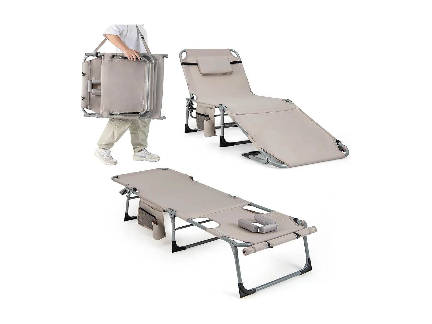 Zonneligstoel met gezichtsopening, opvouwbare ligstoel met verstelbare rugleuning en voetensteun,zijzak, ligstoel voor strand, tuin,balkon, zandkleurig, ZB33480