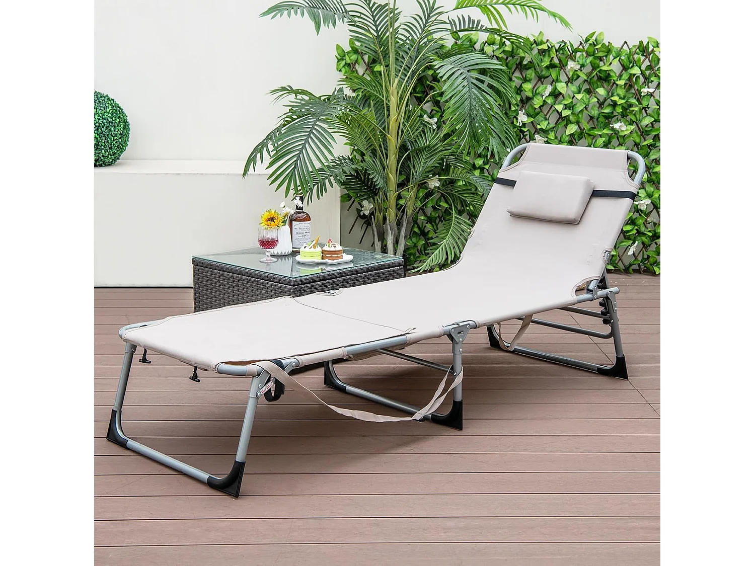 Zonneligstoel met gezichtsopening, opvouwbare ligstoel met verstelbare rugleuning en voetensteun,zijzak, ligstoel voor strand, tuin,balkon, zandkleurig, ZB33480