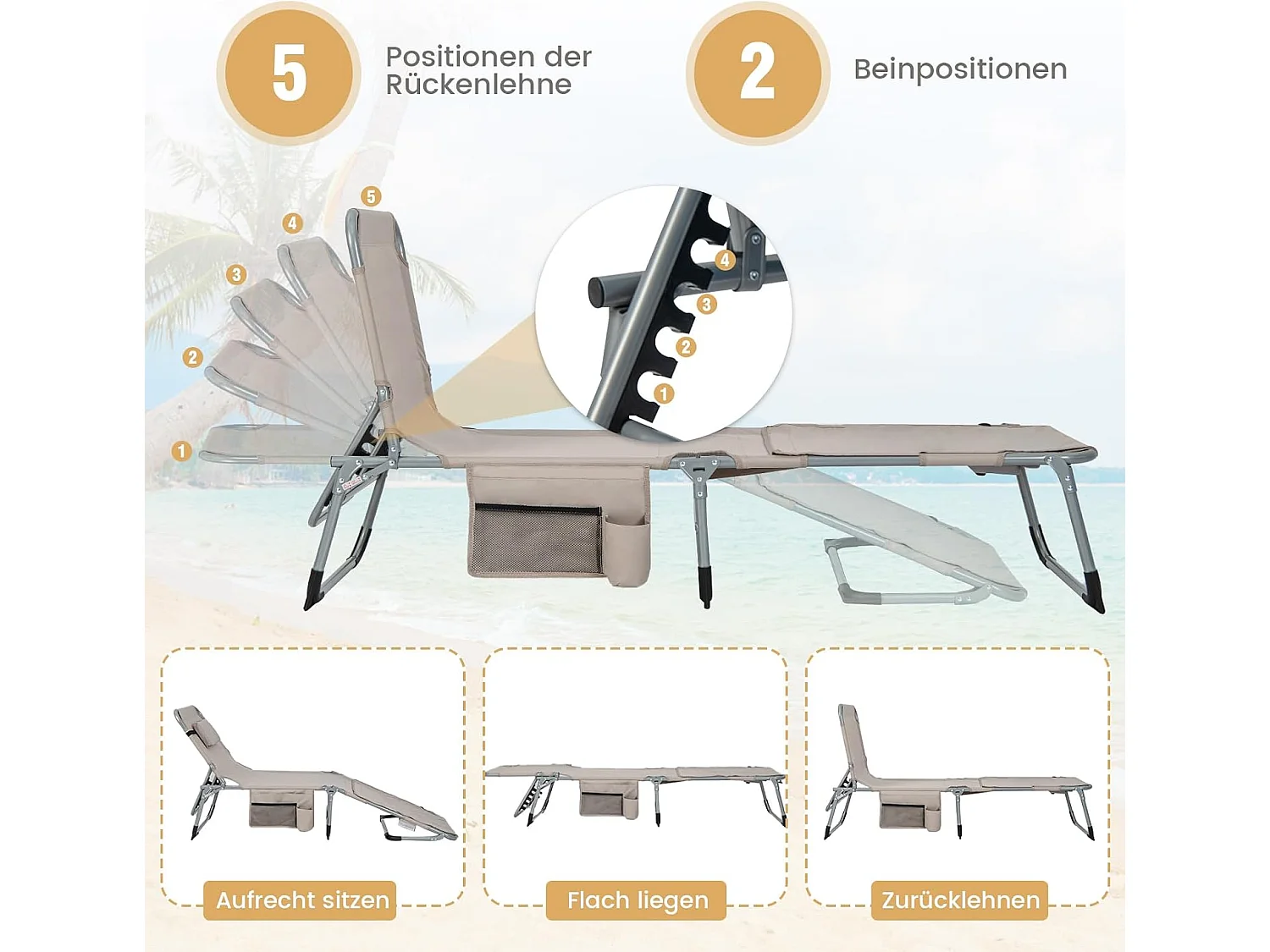 Zonneligstoel met gezichtsopening, opvouwbare ligstoel met verstelbare rugleuning en voetensteun,zijzak, ligstoel voor strand, tuin,balkon, zandkleurig, ZB33480