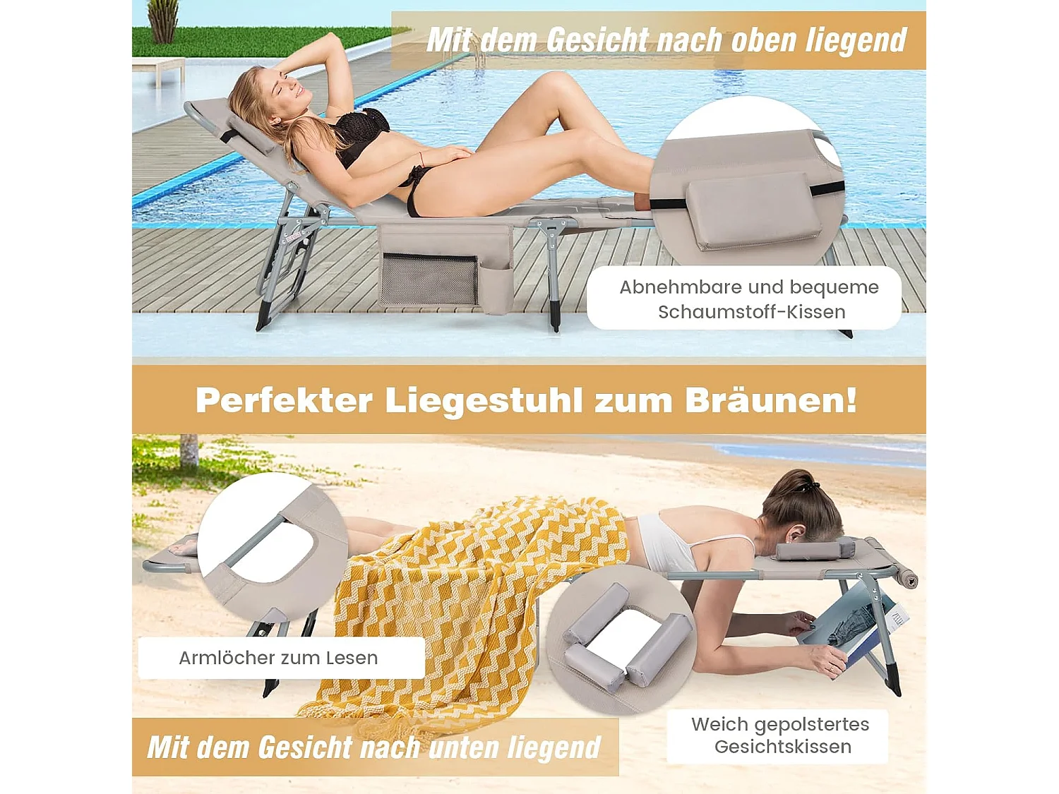 Zonneligstoel met gezichtsopening, opvouwbare ligstoel met verstelbare rugleuning en voetensteun,zijzak, ligstoel voor strand, tuin,balkon, zandkleurig, ZB33480