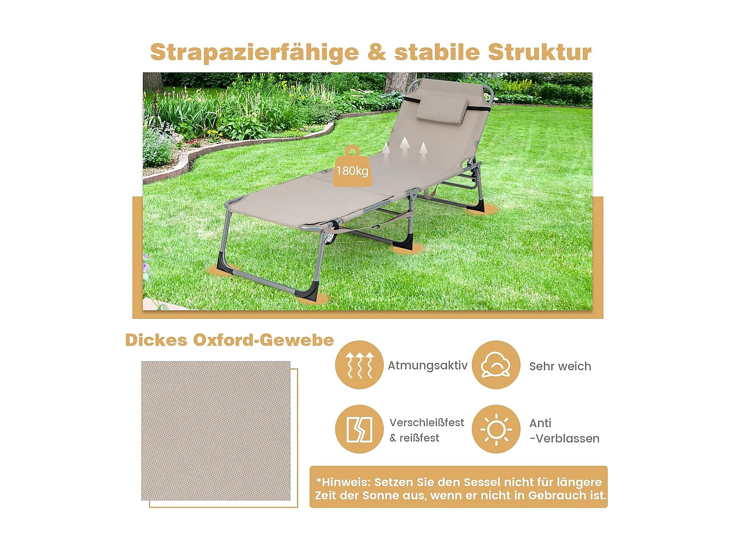 Zonneligstoel met gezichtsopening, opvouwbare ligstoel met verstelbare rugleuning en voetensteun,zijzak, ligstoel voor strand, tuin,balkon, zandkleurig, ZB33480