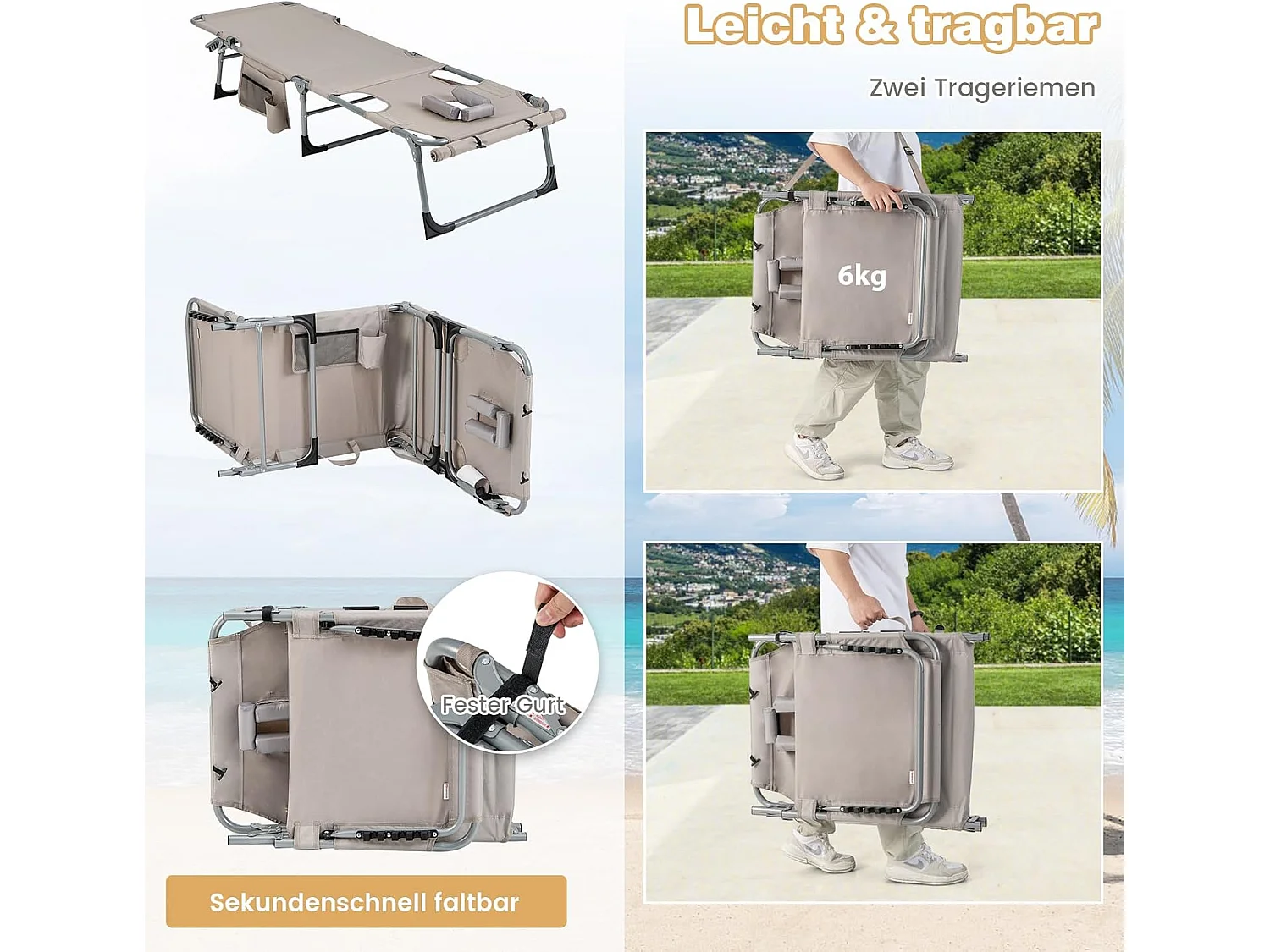 Zonneligstoel met gezichtsopening, opvouwbare ligstoel met verstelbare rugleuning en voetensteun,zijzak, ligstoel voor strand, tuin,balkon, zandkleurig, ZB33480