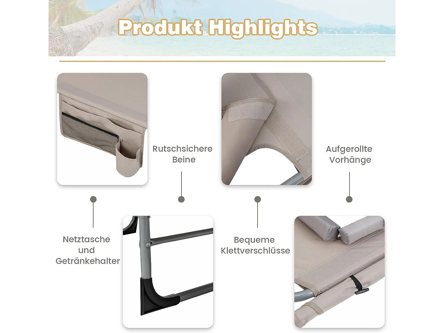 Zonneligstoel met gezichtsopening, opvouwbare ligstoel met verstelbare rugleuning en voetensteun,zijzak, ligstoel voor strand, tuin,balkon, zandkleurig, ZB33480