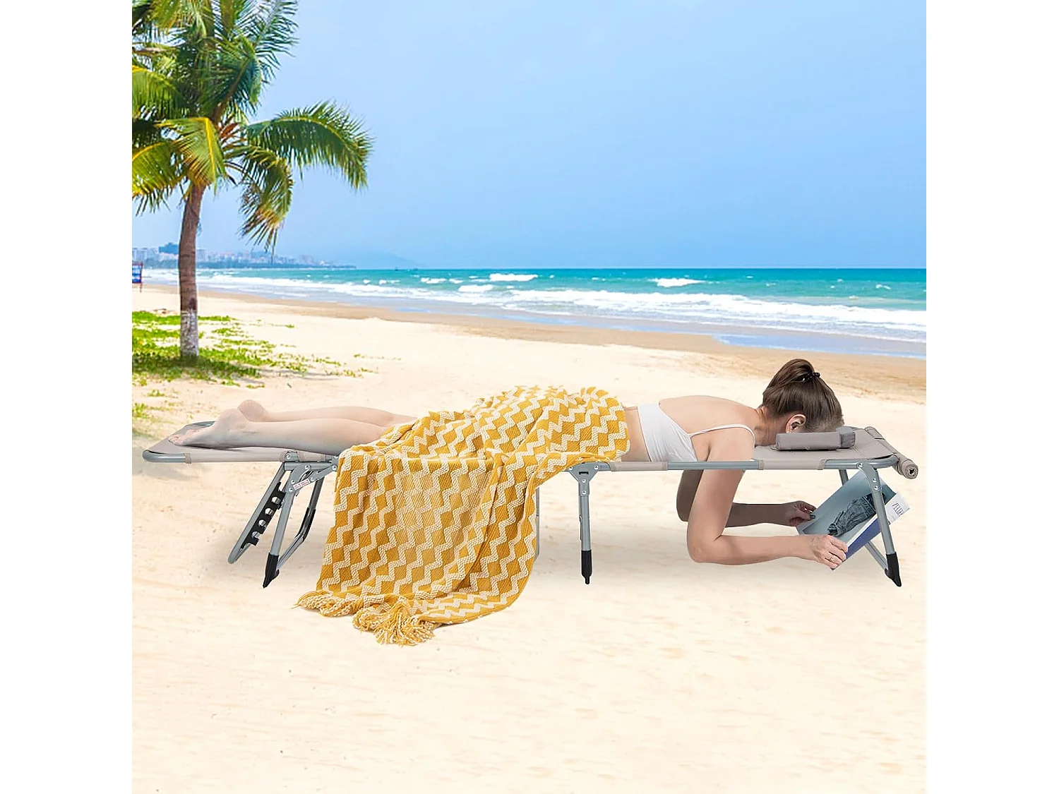 Zonneligstoel met gezichtsopening, opvouwbare ligstoel met verstelbare rugleuning en voetensteun,zijzak, ligstoel voor strand, tuin,balkon, zandkleurig, ZB33480