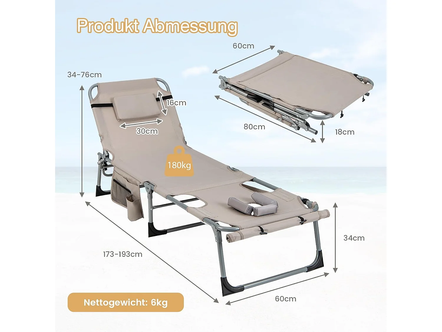 Zonneligstoel met gezichtsopening, opvouwbare ligstoel met verstelbare rugleuning en voetensteun,zijzak, ligstoel voor strand, tuin,balkon, zandkleurig, ZB33480