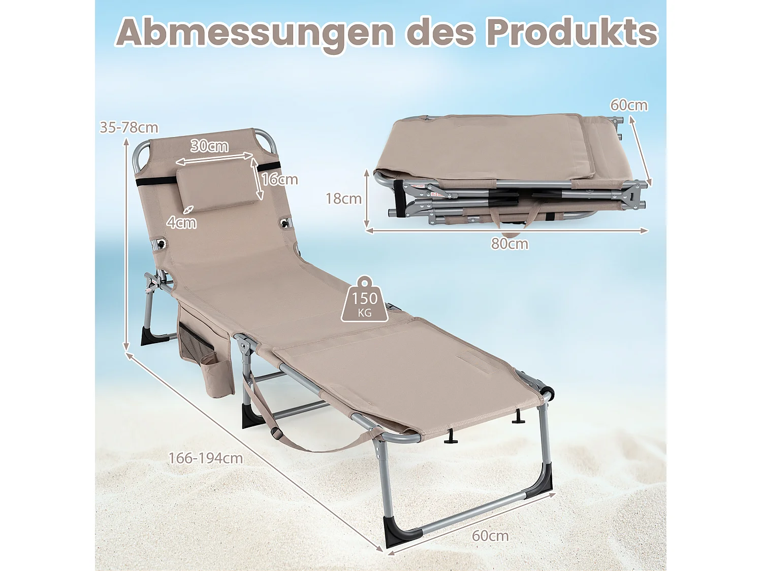 Zonneligstoel met gezichtsopening, opvouwbare ligstoel met verstelbare rugleuning en voetensteun,zijzak, ligstoel voor strand, tuin,balkon, zandkleurig, ZB33480
