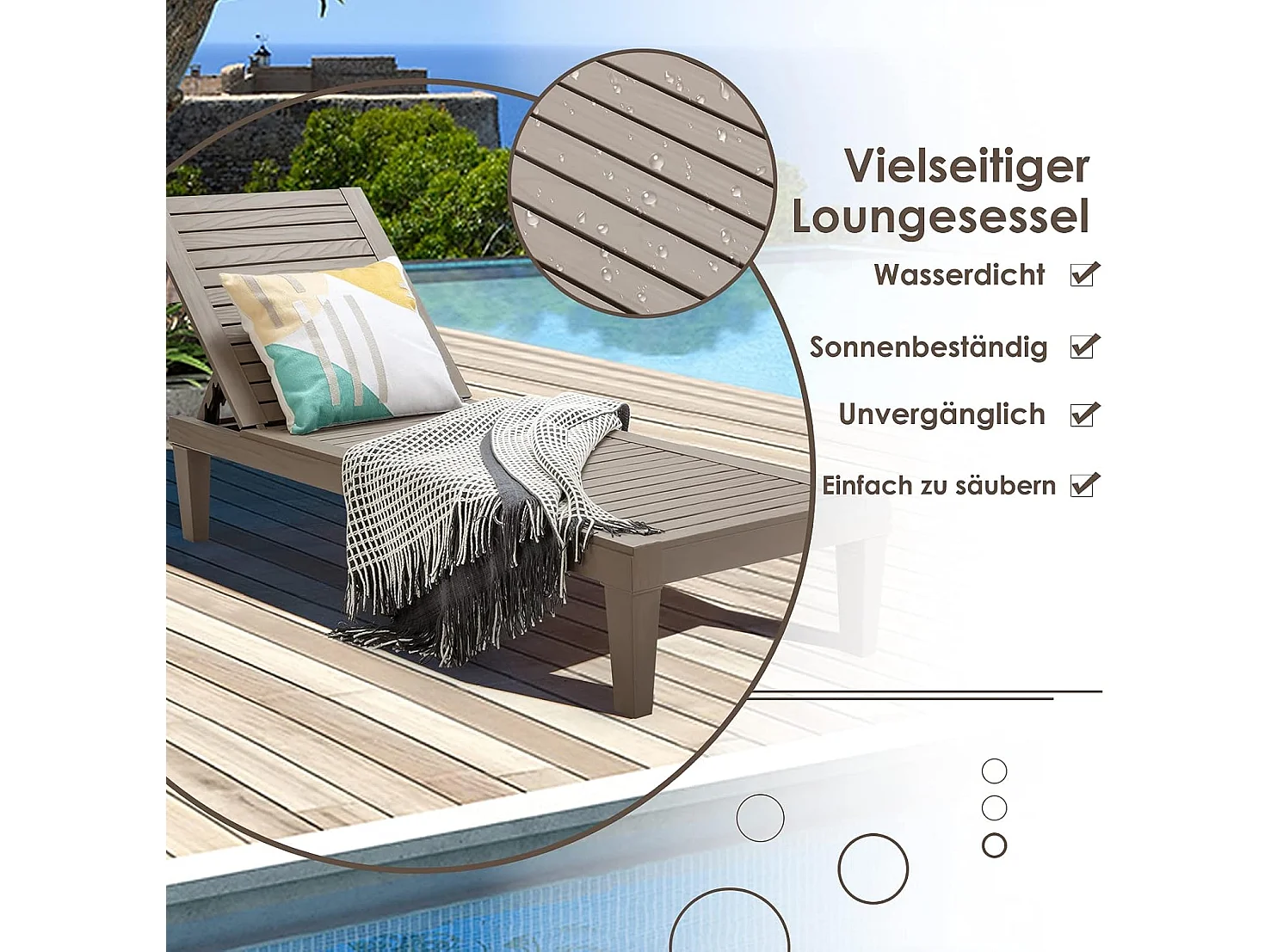 Zonneligstoel, weerbestendig, tuinligstoel met verstelbare rugleuning, balkonligstoel van kunststof, terrasligstoel in houtlook, ligstoel(bruin)AB92020