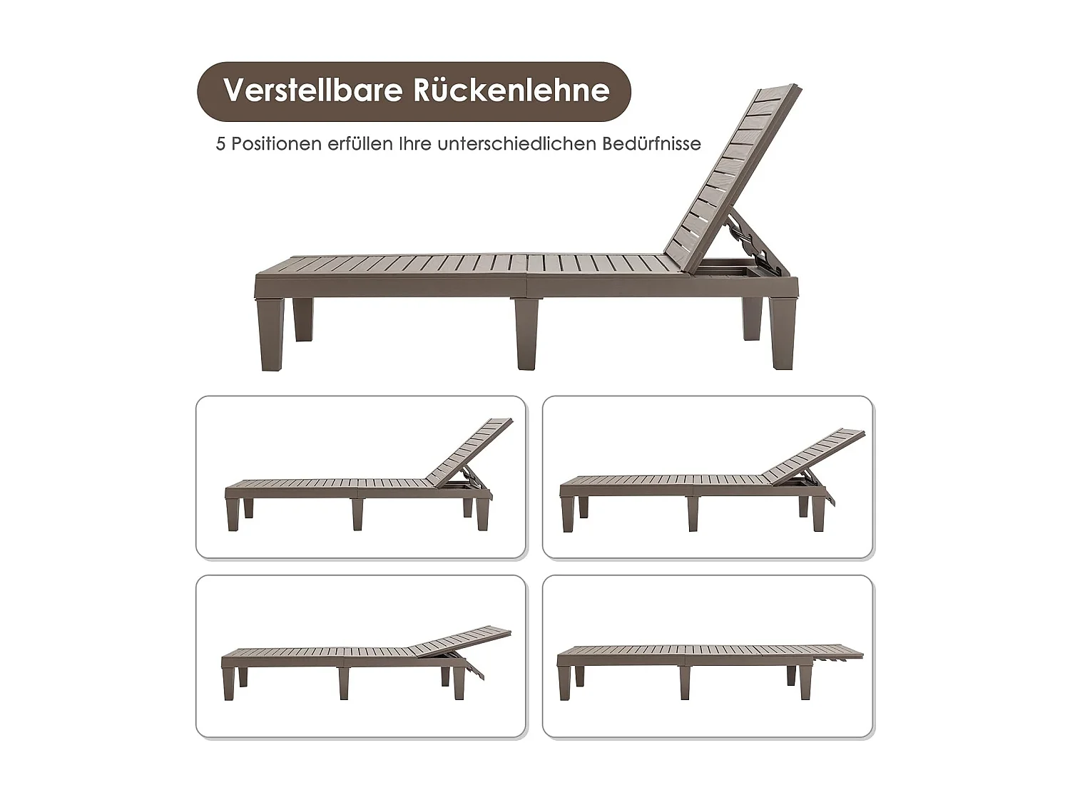 Zonneligstoel, weerbestendig, tuinligstoel met verstelbare rugleuning, balkonligstoel van kunststof, terrasligstoel in houtlook, ligstoel(bruin)AB92020