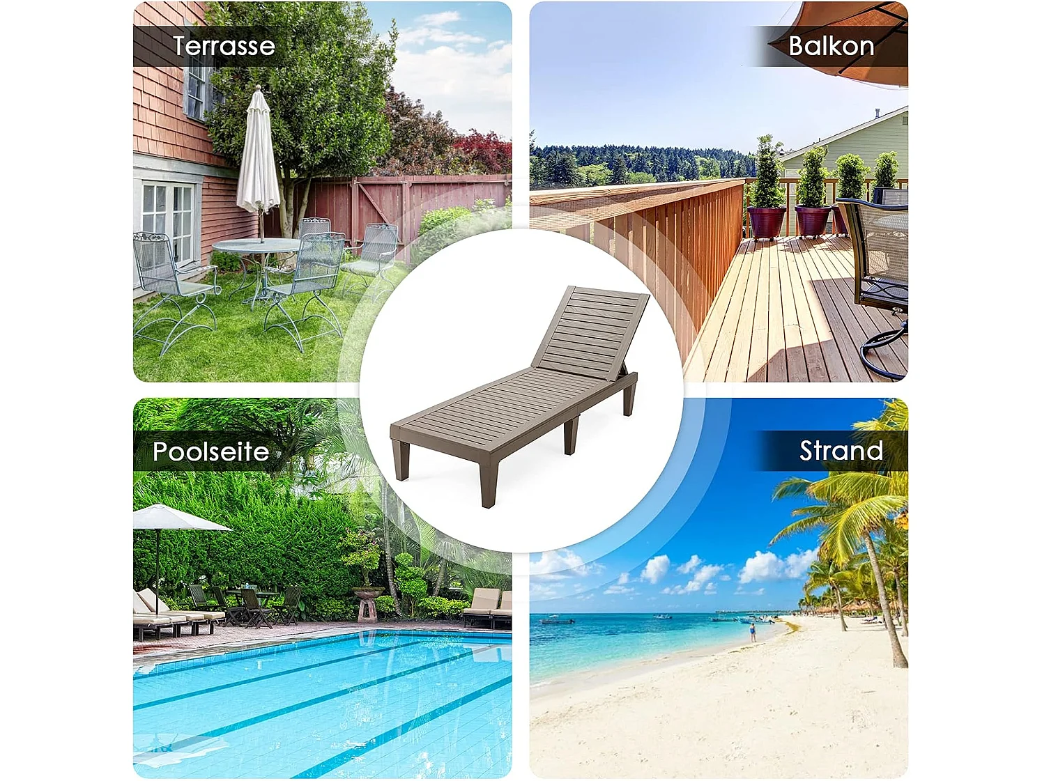 Zonneligstoel, weerbestendig, tuinligstoel met verstelbare rugleuning, balkonligstoel van kunststof, terrasligstoel in houtlook, ligstoel(bruin)AB92020