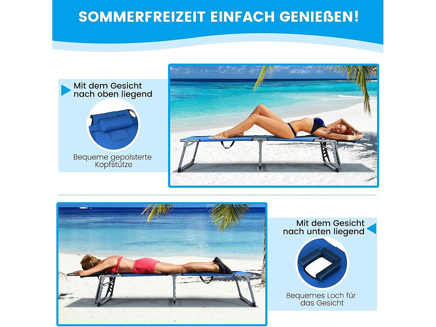 Zonneligstoel met gezichtsopening, inklapbare ligstoel met verstelbare rugleuning en hoofdsteun, strandstoel, ligstoel voor tuin, strand,AB92783 (blauw)