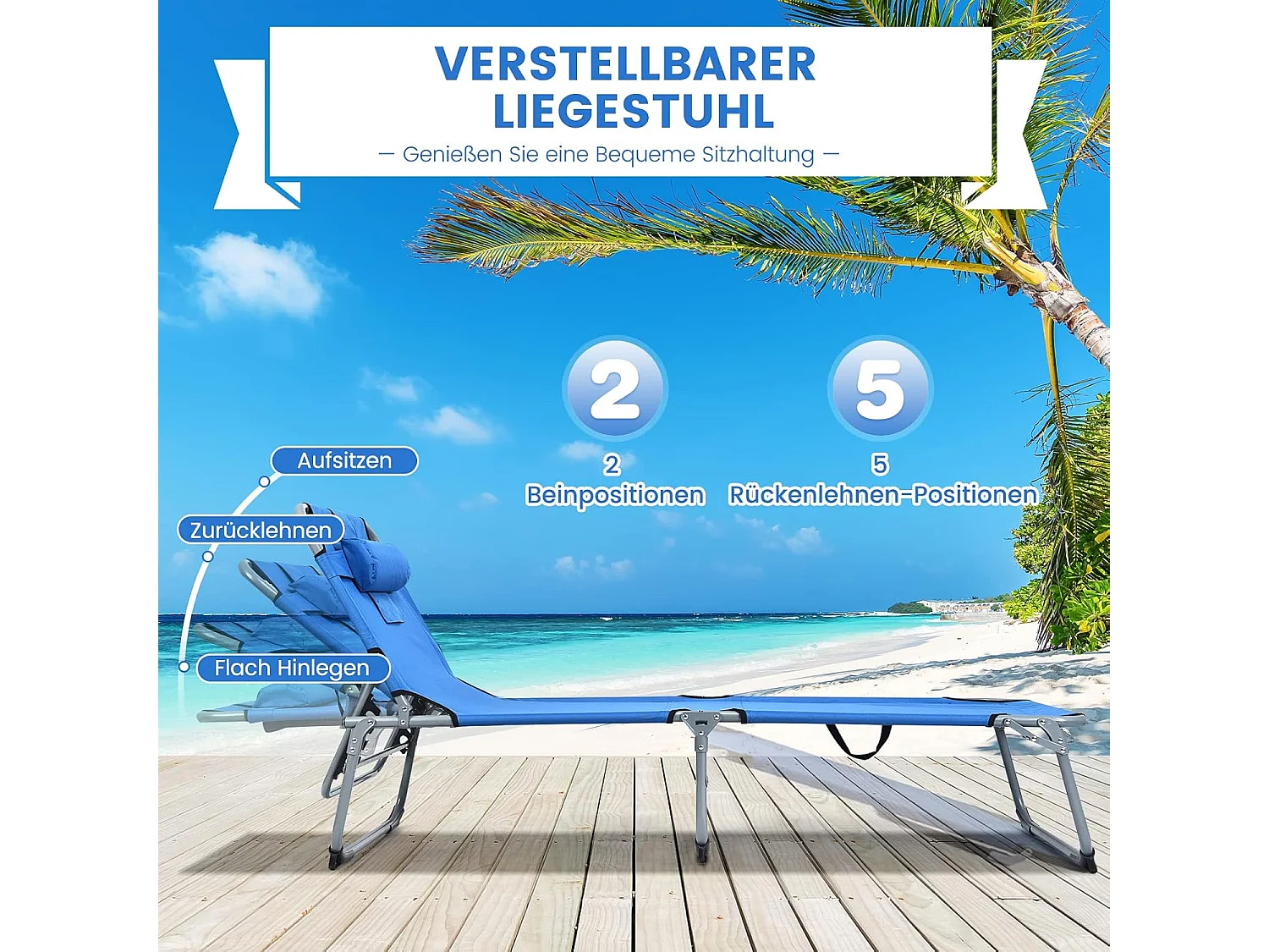 Zonneligstoel met gezichtsopening, inklapbare ligstoel met verstelbare rugleuning en hoofdsteun, strandstoel, ligstoel voor tuin, strand,AB92783 (blauw)