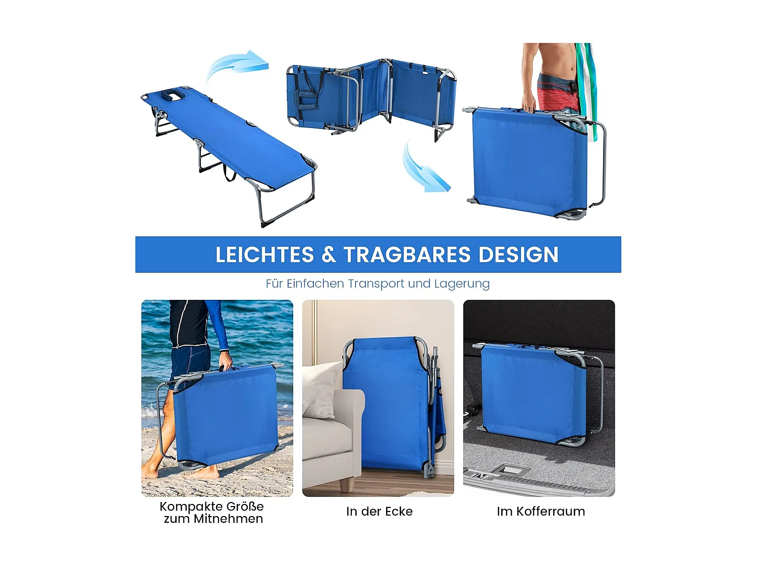 Zonneligstoel met gezichtsopening, inklapbare ligstoel met verstelbare rugleuning en hoofdsteun, strandstoel, ligstoel voor tuin, strand,AB92783 (blauw)